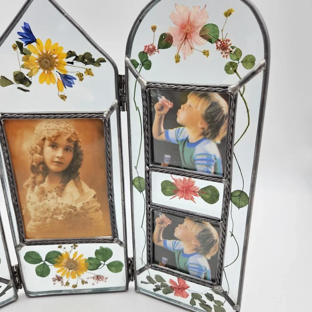 VTG Glass Pressed Flowers Picture Frame Tri-Fold Multi Photo 2x2 